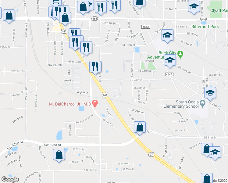 map of restaurants, bars, coffee shops, grocery stores, and more near 2401 Southeast 5th Circle in Ocala