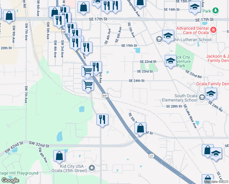 map of restaurants, bars, coffee shops, grocery stores, and more near 2401 Southeast 5th Circle in Ocala