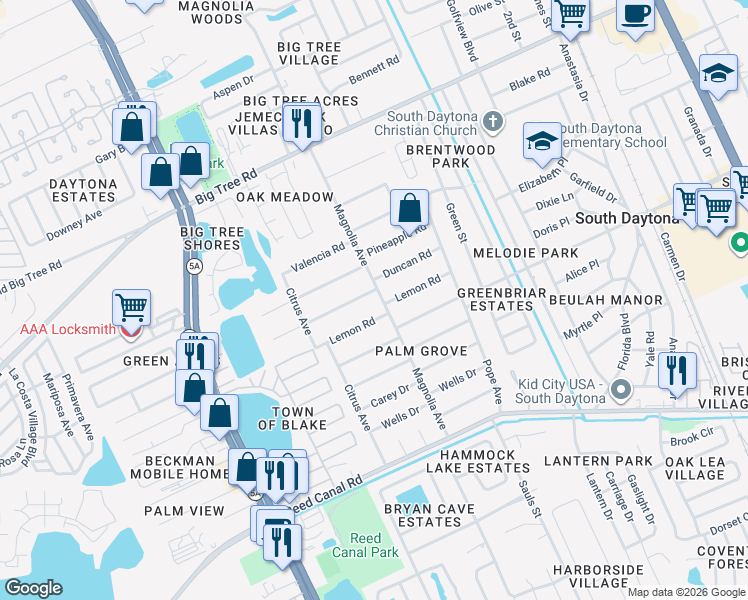 map of restaurants, bars, coffee shops, grocery stores, and more near 2171 Magnolia Avenue in South Daytona