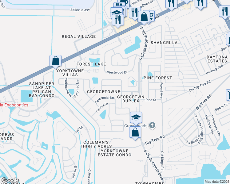map of restaurants, bars, coffee shops, grocery stores, and more near 208 Georgetowne Boulevard in Daytona Beach