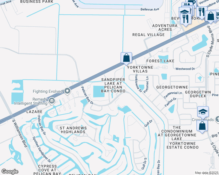 map of restaurants, bars, coffee shops, grocery stores, and more near 133 Blue Heron Drive in Daytona Beach