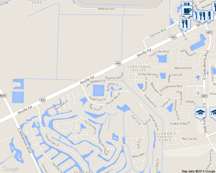 map of restaurants, bars, coffee shops, grocery stores, and more near 133 Blue Heron Drive in Daytona Beach