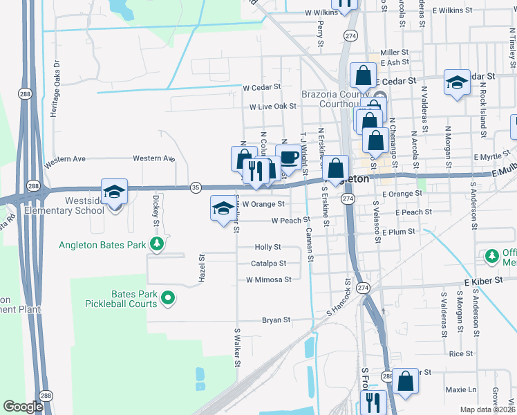 map of restaurants, bars, coffee shops, grocery stores, and more near 617 West Orange Street in Angleton