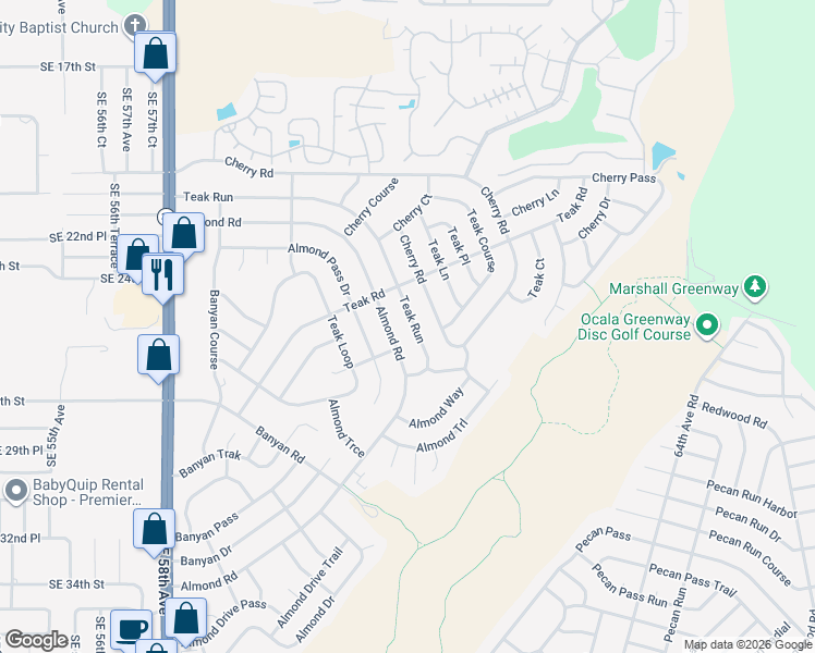 map of restaurants, bars, coffee shops, grocery stores, and more near 86 Teak Run in Ocala