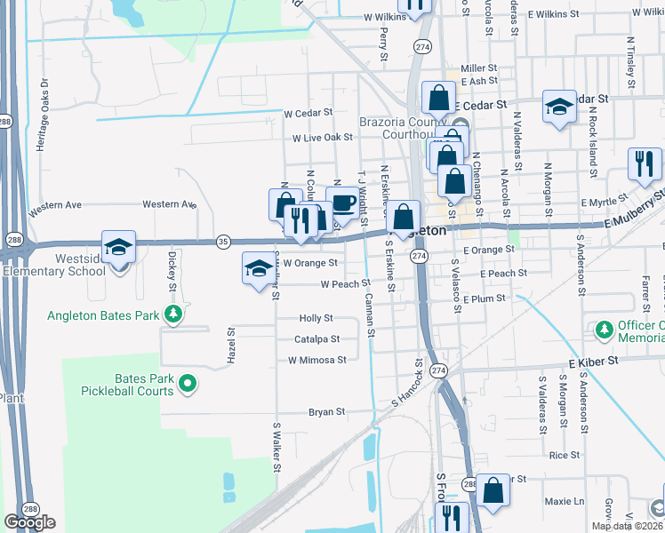map of restaurants, bars, coffee shops, grocery stores, and more near 515 West Orange Street in Angleton