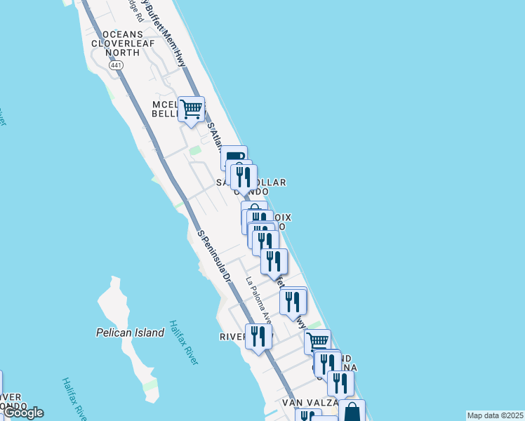 map of restaurants, bars, coffee shops, grocery stores, and more near 3135 South Atlantic Avenue in Daytona Beach Shores
