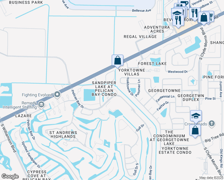 map of restaurants, bars, coffee shops, grocery stores, and more near 149 Blue Heron Drive in Daytona Beach