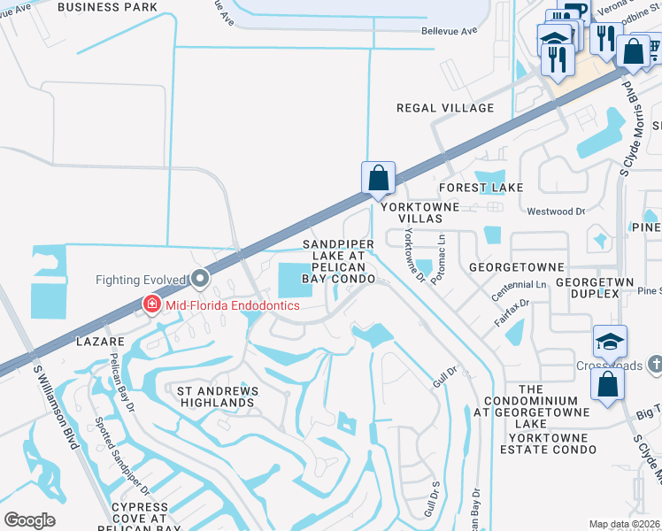 map of restaurants, bars, coffee shops, grocery stores, and more near 122 Blue Heron Drive in Daytona Beach
