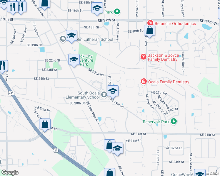 map of restaurants, bars, coffee shops, grocery stores, and more near 2555 Southeast 15th Avenue in Ocala