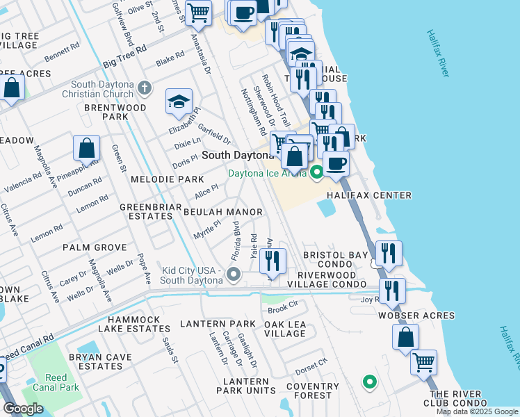 map of restaurants, bars, coffee shops, grocery stores, and more near 2448 Anastasia Drive in South Daytona