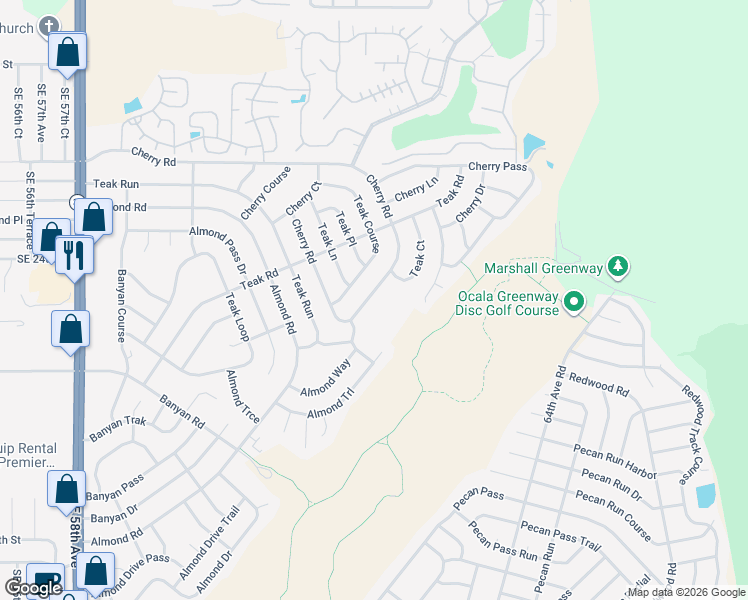 map of restaurants, bars, coffee shops, grocery stores, and more near 6723 Cherry Road in Ocala