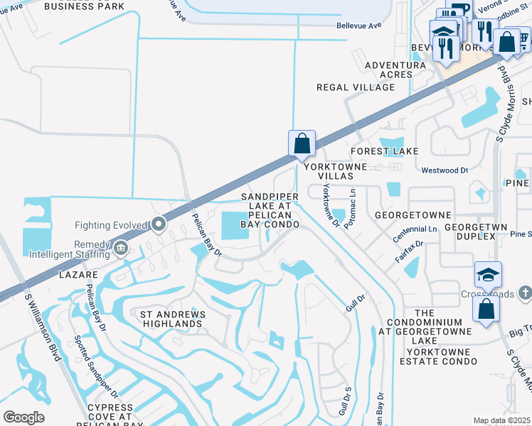 map of restaurants, bars, coffee shops, grocery stores, and more near 137 Blue Heron Drive in Daytona Beach