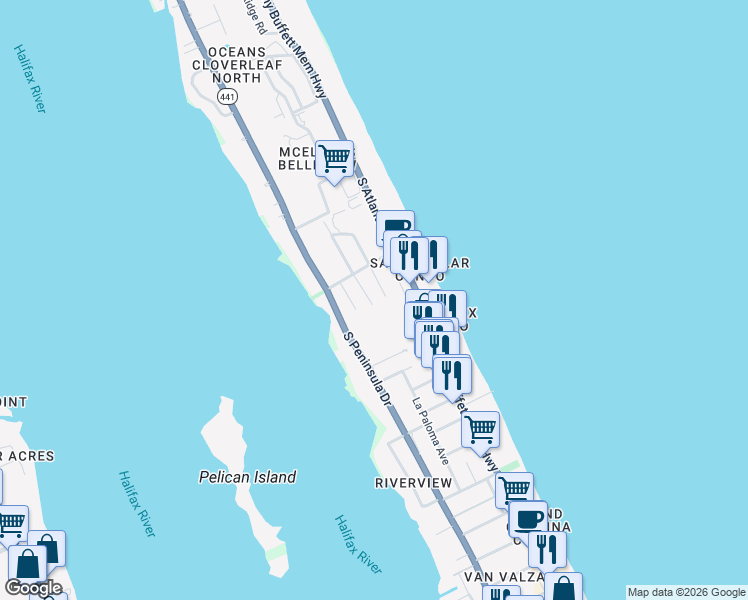 map of restaurants, bars, coffee shops, grocery stores, and more near 3119 Esperanza Avenue in Daytona Beach