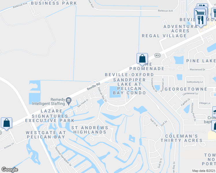 map of restaurants, bars, coffee shops, grocery stores, and more near 121 Grey Widgeon Court in Daytona Beach