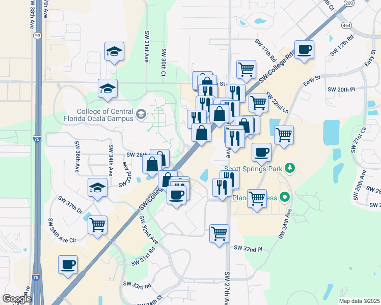 map of restaurants, bars, coffee shops, grocery stores, and more near 3001 Southwest College Road in Ocala