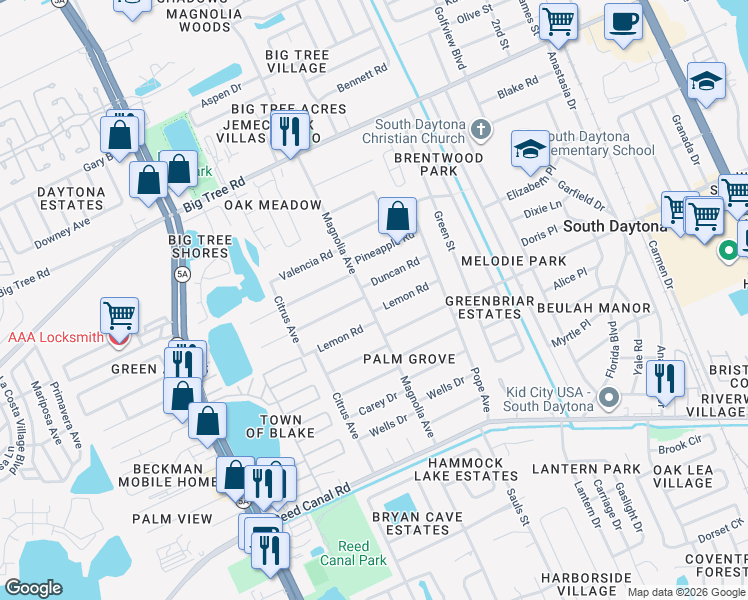 map of restaurants, bars, coffee shops, grocery stores, and more near 2171 Magnolia Avenue in South Daytona