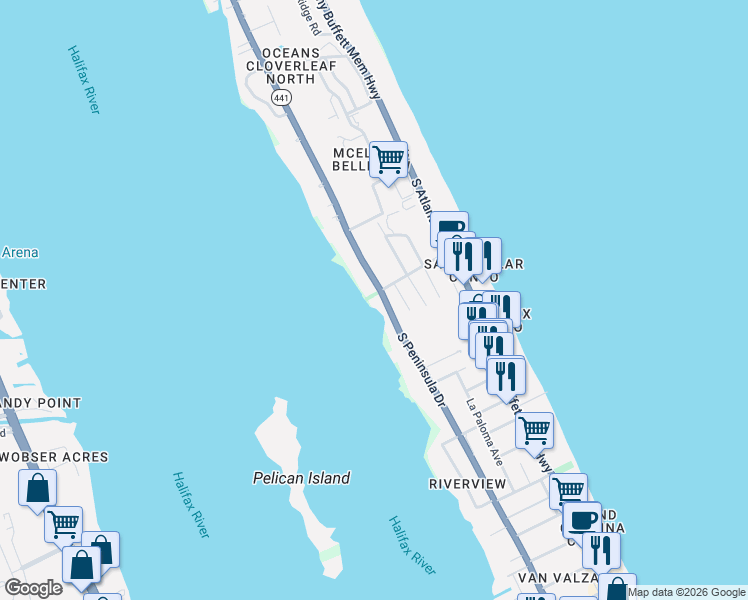 map of restaurants, bars, coffee shops, grocery stores, and more near 3105 South Peninsula Drive in Daytona Beach