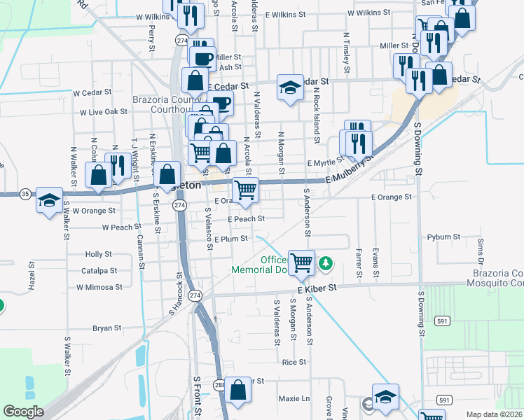 map of restaurants, bars, coffee shops, grocery stores, and more near 403 East Peach Street in Angleton