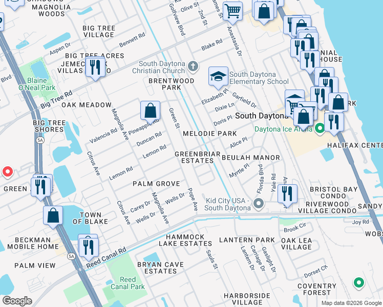 map of restaurants, bars, coffee shops, grocery stores, and more near 749 Ridge Boulevard in South Daytona
