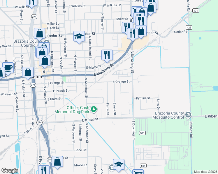 map of restaurants, bars, coffee shops, grocery stores, and more near 210 Farrer Street in Angleton