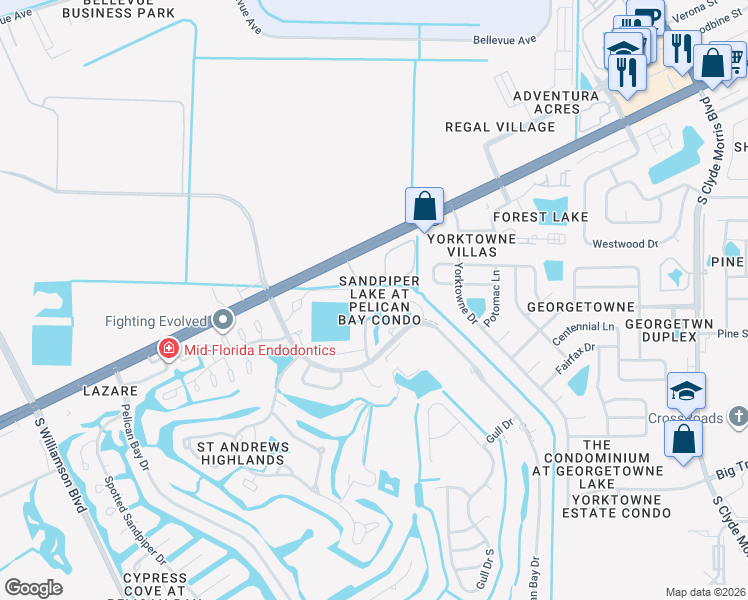 map of restaurants, bars, coffee shops, grocery stores, and more near 133 Blue Heron Drive in Daytona Beach