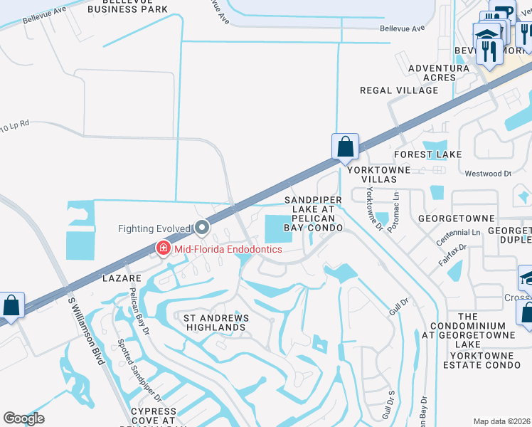 map of restaurants, bars, coffee shops, grocery stores, and more near 121 Grey Widgeon Court in Daytona Beach