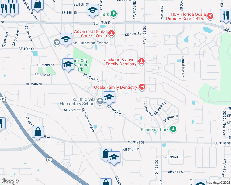 map of restaurants, bars, coffee shops, grocery stores, and more near 1615 Southeast 25th Street in Ocala