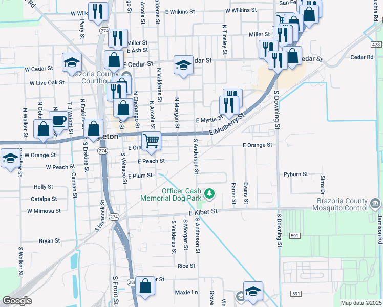 map of restaurants, bars, coffee shops, grocery stores, and more near 600 East Orange Street in Angleton