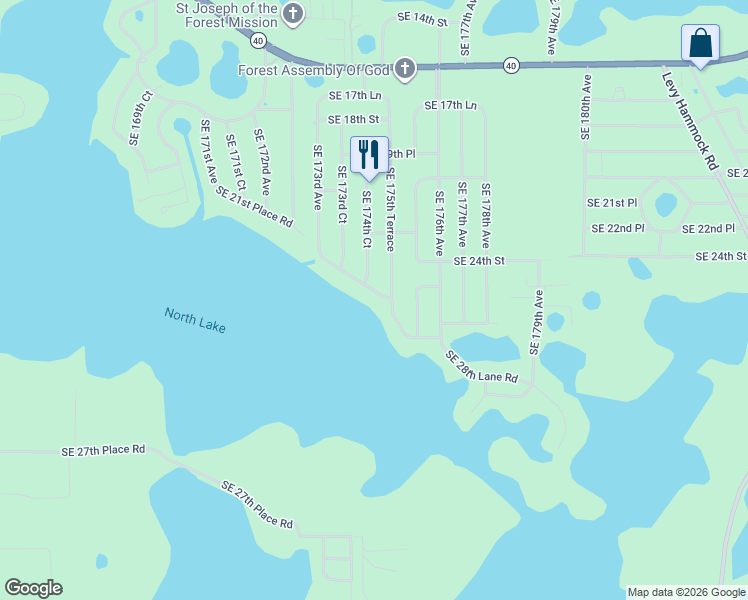map of restaurants, bars, coffee shops, grocery stores, and more near 17484 Southeast 24th Lane Road in Silver Springs