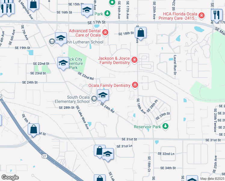 map of restaurants, bars, coffee shops, grocery stores, and more near 1615 Southeast 25th Street in Ocala