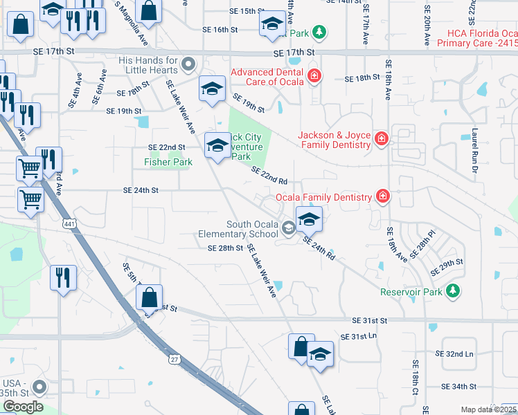 map of restaurants, bars, coffee shops, grocery stores, and more near 1264 Southeast 24th Road in Ocala