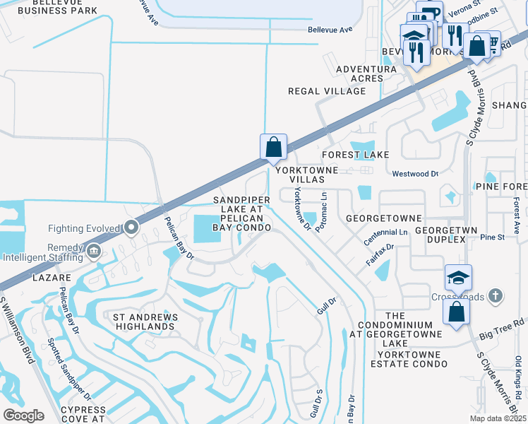 map of restaurants, bars, coffee shops, grocery stores, and more near 149 Blue Heron Drive in Daytona Beach