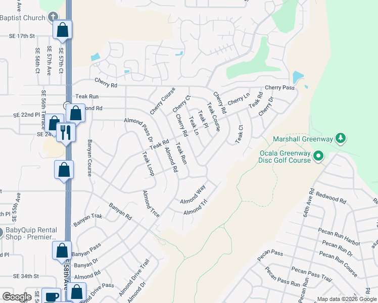 map of restaurants, bars, coffee shops, grocery stores, and more near 86 Teak Run in Ocala