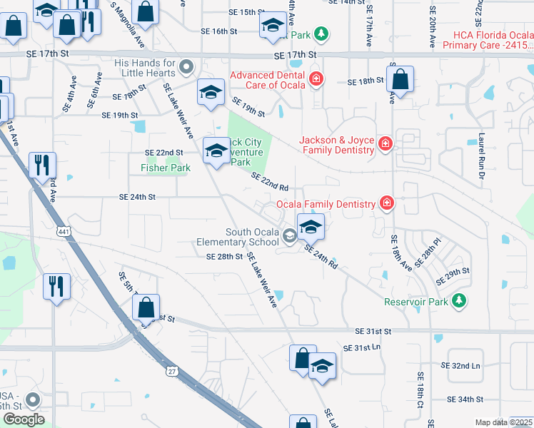 map of restaurants, bars, coffee shops, grocery stores, and more near 1264-1294 Oakhurst Rd in Ocala