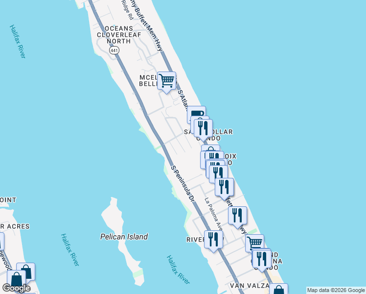 map of restaurants, bars, coffee shops, grocery stores, and more near 3119 Esperanza Avenue in Daytona Beach