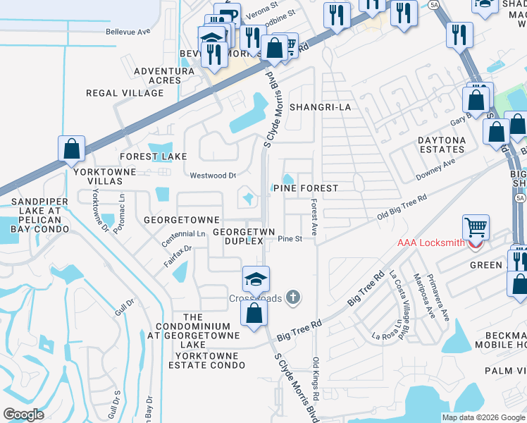 map of restaurants, bars, coffee shops, grocery stores, and more near 1756 South Clyde Morris Boulevard in Daytona Beach