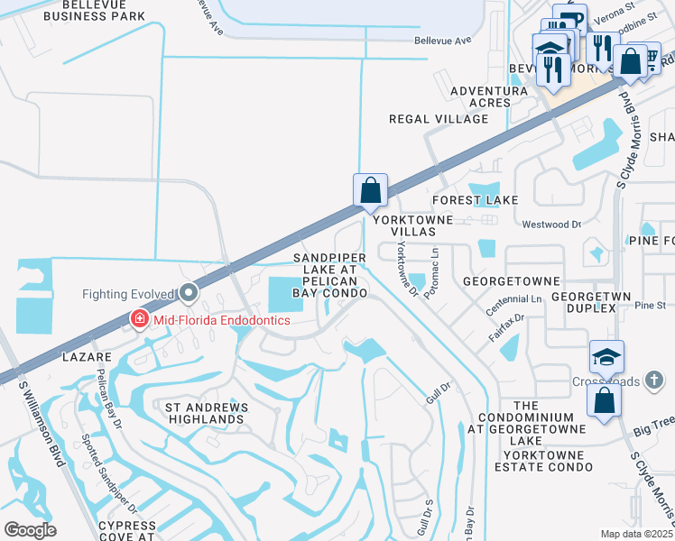 map of restaurants, bars, coffee shops, grocery stores, and more near 133 Blue Heron Drive in Daytona Beach