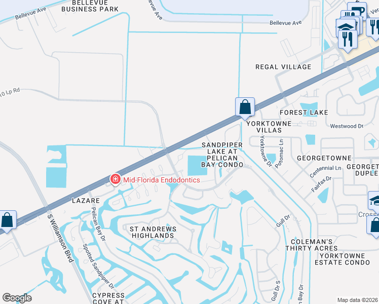 map of restaurants, bars, coffee shops, grocery stores, and more near 121 Grey Widgeon Court in Daytona Beach