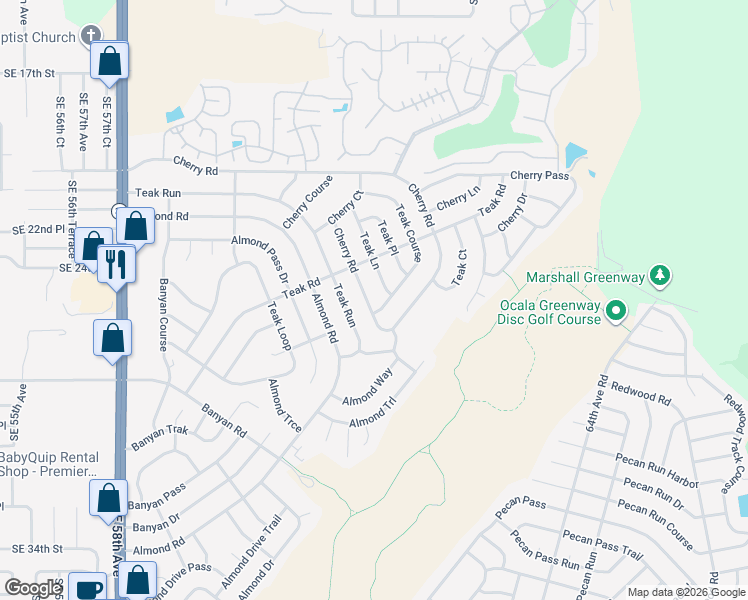 map of restaurants, bars, coffee shops, grocery stores, and more near 5 Teak Cse in Ocala