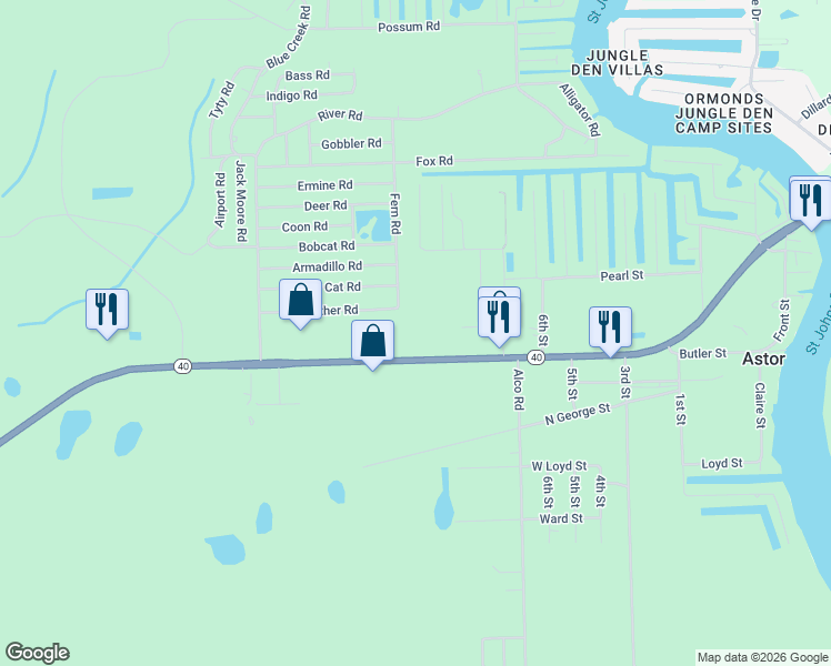 map of restaurants, bars, coffee shops, grocery stores, and more near 24223 Highway 40 in Astor