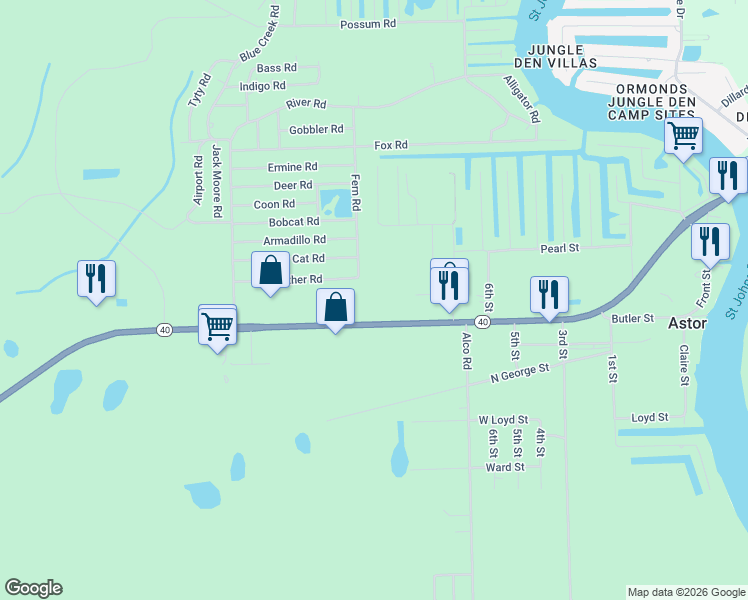 map of restaurants, bars, coffee shops, grocery stores, and more near 24223 Highway 40 in Astor