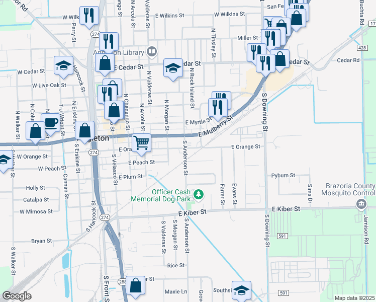 map of restaurants, bars, coffee shops, grocery stores, and more near 600 East Orange Street in Angleton