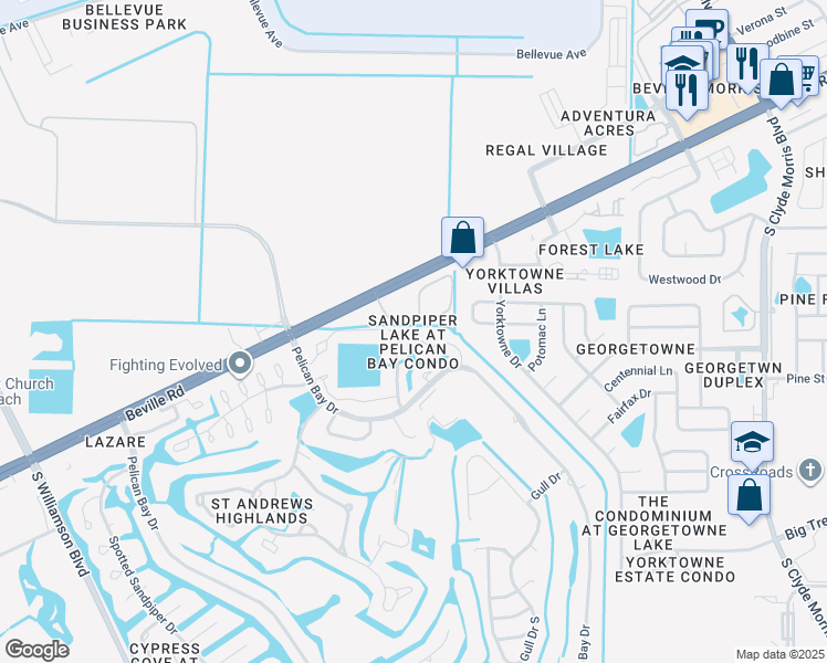 map of restaurants, bars, coffee shops, grocery stores, and more near 125 Blue Heron Drive in Daytona Beach