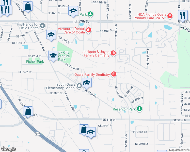 map of restaurants, bars, coffee shops, grocery stores, and more near 1615 Southeast 25th Street in Ocala