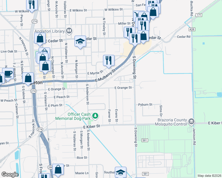 map of restaurants, bars, coffee shops, grocery stores, and more near 210 Farrer Street in Angleton