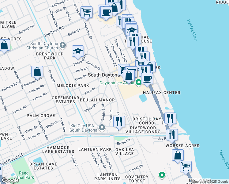 map of restaurants, bars, coffee shops, grocery stores, and more near 2448 Anastasia Drive in South Daytona