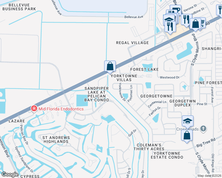 map of restaurants, bars, coffee shops, grocery stores, and more near 316 American Way in Daytona Beach