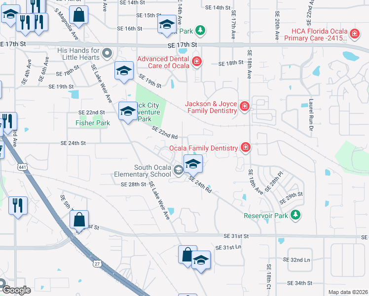 map of restaurants, bars, coffee shops, grocery stores, and more near 2409 Southeast 15th Avenue in Ocala
