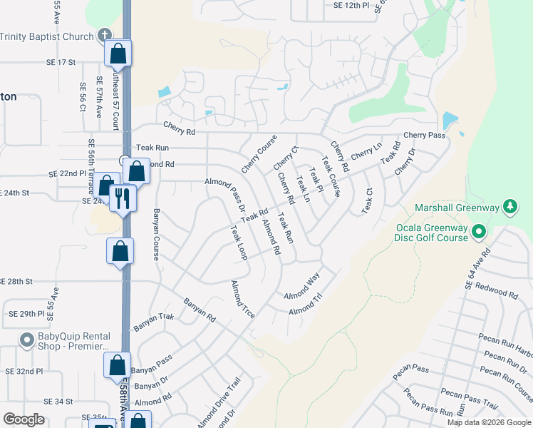 map of restaurants, bars, coffee shops, grocery stores, and more near 65 Almond Road in Ocala