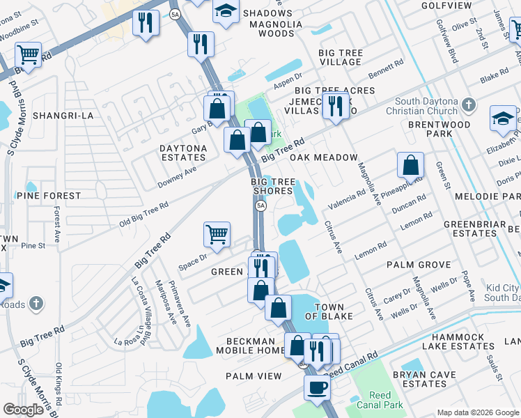 map of restaurants, bars, coffee shops, grocery stores, and more near South Nova Road in Volusia